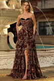 Brown Leopard Sweetheart A Line Printed Tiered Long Formal Dress with Ruffles
