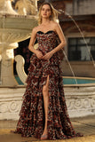 Brown Leopard Sweetheart A Line Printed Tiered Long Formal Dress with Ruffles