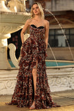 Brown Leopard Sweetheart A Line Printed Tiered Long Formal Dress with Ruffles