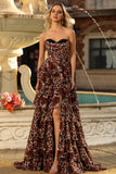 Brown Leopard Sweetheart A Line Printed Tiered Long Formal Dress with Ruffles