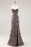 Coffee Leopard Mermaid Printed Corset Long Formal Dress with Slit