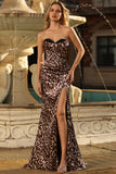 Coffee Leopard Mermaid Printed Corset Long Formal Dress with Slit