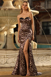 Coffee Leopard Mermaid Printed Corset Long Formal Dress with Slit