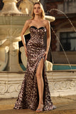 Coffee Leopard Mermaid Printed Corset Long Formal Dress with Slit