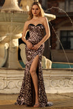 Coffee Leopard Mermaid Printed Corset Long Formal Dress with Slit