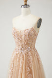 Champagne Strapless A Line Convertible Appliqued Long Prom Dress with Removable Sleeves