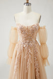 Champagne Strapless A Line Convertible Appliqued Long Prom Dress with Removable Sleeves