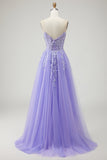 A Line Strapless Convertible Removable Sleeves Appliqued Long Purple Prom Dress with Slit