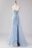 Blue Mermaid Sweetheart Corset Beaded Sequin Long Prom Dress with Slit