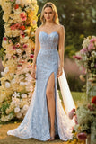 Blue Sweetheart Mermaid Beaded Corset Sequin Long Prom Dress with Slit
