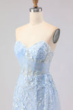 Blue Mermaid Sweetheart Corset Beaded Sequin Long Prom Dress with Slit