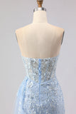 Blue Mermaid Sweetheart Corset Beaded Sequin Long Prom Dress with Slit