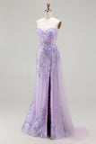 Purple Sweetheart Beaded Mermaid Corset Sequin Long Prom Dress with Slit