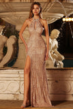 Champagne Sequins Halter Mermaid Beaded Keyhole Long Prom Dress with Slit