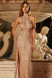 Champagne Sequins Halter Mermaid Beaded Keyhole Long Prom Dress with Slit