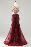 Sparkly Burgundy Mermaid Appliqued Long Prom Dress with Sequins