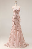 Sparkly Rose Golden Mermaid Lace Up Back Long Prom Dress with Sequins