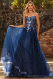 Navy Strapless Sheer Corset A Line Long Tulle Prom Dress with Sequins