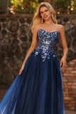 Navy Strapless Sheer Corset A Line Long Tulle Prom Dress with Sequins