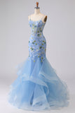 Blue Sheer Corset Mermaid Embroidered Long Prom Dress with Lace Up Back