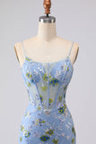 Blue Sheer Corset Mermaid Embroidered Long Prom Dress with Lace Up Back