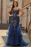 Navy Embroidered Corset Mermaid Long Plus Size Prom Dress with Lace Up Back