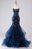 Blue Sheer Corset Mermaid Embroidered Long Prom Dress with Lace Up Back