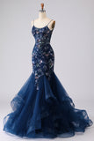 Blue Sheer Corset Mermaid Embroidered Long Prom Dress with Lace Up Back