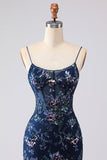 Blue Sheer Corset Mermaid Embroidered Long Prom Dress with Lace Up Back