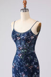 Blue Sheer Corset Mermaid Embroidered Long Prom Dress with Lace Up Back