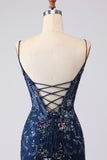 Blue Sheer Corset Mermaid Embroidered Long Prom Dress with Lace Up Back