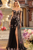 Navy Corset Off the Shoulder Appliqued A Line Floral Long Formal Dress