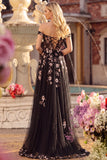 Navy Corset Off the Shoulder Appliqued A Line Floral Long Formal Dress