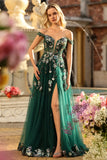 Dark Green Corset Off the Shoulder Appliqued A Line Floral Long Formal Dress
