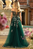 Dark Green Corset Off the Shoulder Appliqued A Line Floral Long Formal Dress
