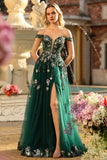 Dark Green Corset Off the Shoulder Appliqued A Line Floral Long Formal Dress