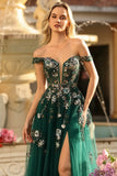 Dark Green Corset Off the Shoulder Appliqued A Line Floral Long Formal Dress