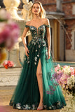 Dark Green Corset Off the Shoulder Appliqued A Line Floral Long Formal Dress