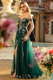 Dark Green Corset Off the Shoulder Appliqued A Line Floral Long Formal Dress