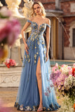 Navy Corset Off the Shoulder Appliqued A Line Floral Long Formal Dress