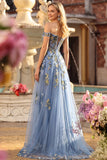 Navy Corset Off the Shoulder Appliqued A Line Floral Long Formal Dress