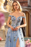 Navy Corset Off the Shoulder Appliqued A Line Floral Long Formal Dress
