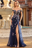 Navy Corset Off the Shoulder Appliqued A Line Floral Long Formal Dress