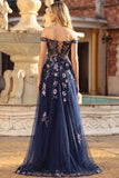 Navy Corset Off the Shoulder Appliqued A Line Floral Long Formal Dress