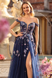 Navy Corset Off the Shoulder Appliqued A Line Floral Long Formal Dress