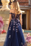 Navy Corset Off the Shoulder Appliqued A Line Floral Long Formal Dress