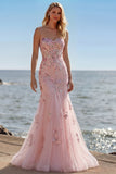 Sparkly Blush Floral Mermaid Long Corset Formal Dress with Sequin