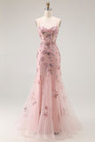 Sparkly Blush Floral Mermaid Sequins Long Corset Formal Dress