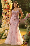 Blush Mermaid Corset Beaded Long Plus Size Prom Dress with Sequins