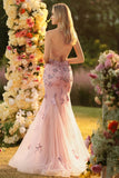 Sparkly Blush Floral Mermaid Sequins Long Corset Formal Dress